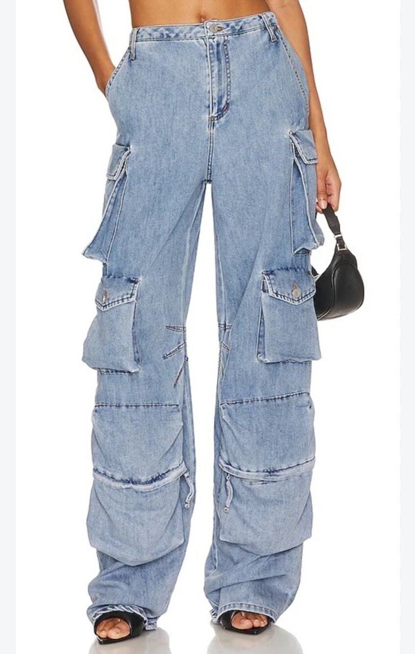 NWT AFRM Parker Baggy Cargo Denim Jeans Blue Wave Wash Size 27 Y2K